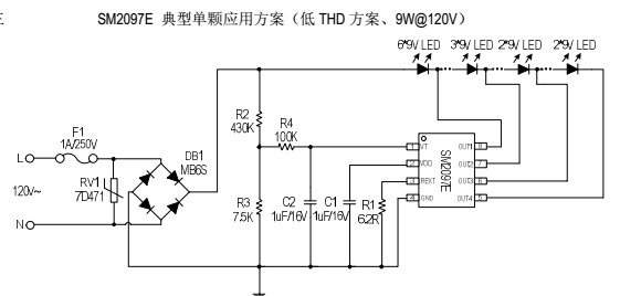 SM2097E高PF四段恒功率筒燈替換CYT3000B線性ic方案(圖1) SM2097E典型方案應(yīng)用圖