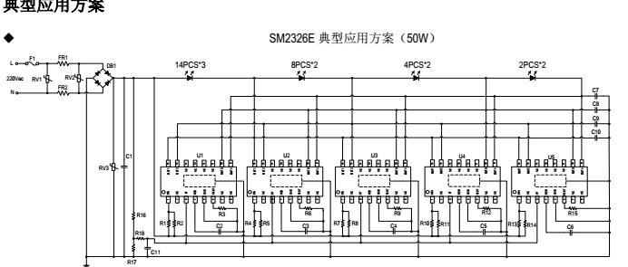 大功率投光燈5段線性高效率低THD優(yōu)化電路SM2326E(圖3) SM2326E典型應(yīng)用方案50w
