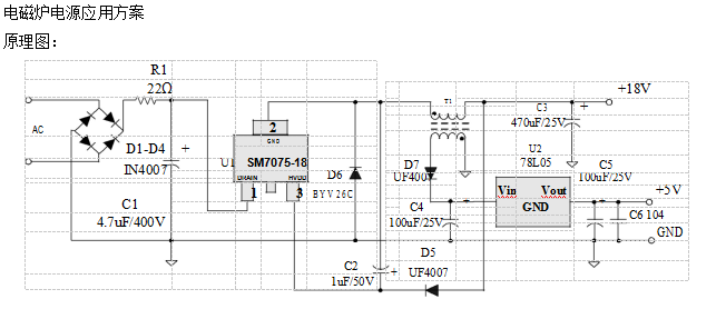 替換亞成微ic驅(qū)動(dòng)電源管理芯片SM7075P升級(jí)版電路方案(圖3) SM7075電磁爐典型應(yīng)用電路圖