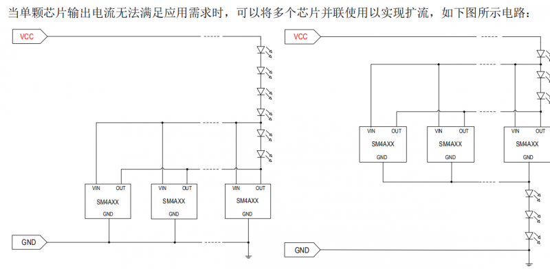 CYT升級(jí)版低壓線性恒流燈帶方案SM4AXXT系列高光效流明度(圖4) SM4AXXd低壓燈帶恒流芯片并聯(lián)應(yīng)用圖